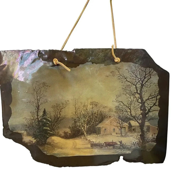 VTG 1977 Original Slate Art Print Landscape Country Farm Scene WallHanging Decor - Picture 1 of 9